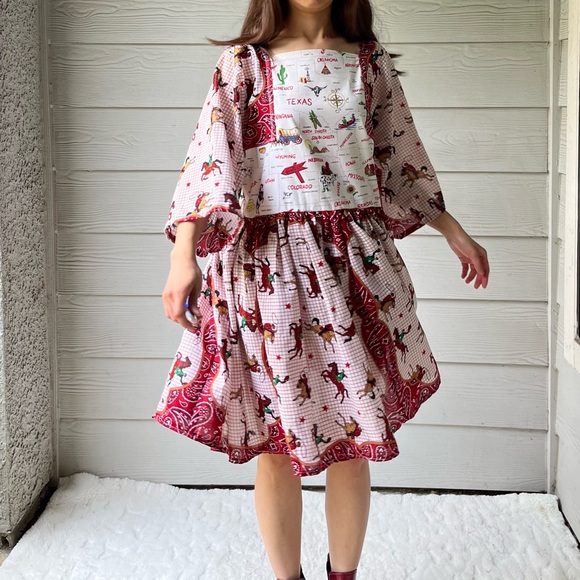Western Rodeo | US Map | Handmade Bandana Dress SKU 05296 Red/Cowboy - Picture 7 of 16